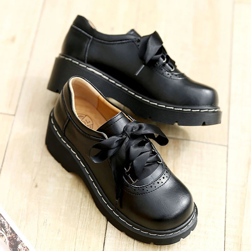 Aiertu Lace-up retro uniform shoes loafers college style jk small leather shoes Brown vintage lace round head Women's lolita shoe Aiertu