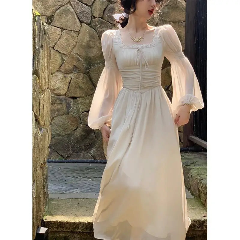 Aiertu Women Vintage Violet Print Square Neck Lace Fairy Dress Solid Elegant Bodycon Autumn Party Lady Pleated Princess Long Dress Boho Aiertu