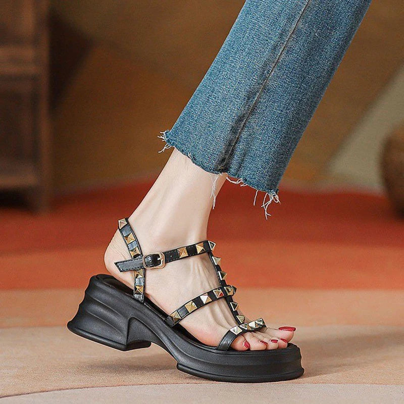 8 Fashion Summer Women's Rivet Roman Wedge High Heel Open Toe Sandals Chunky Heel Outdoor Beach Casual Women's Sandals 35-40 Aiertu