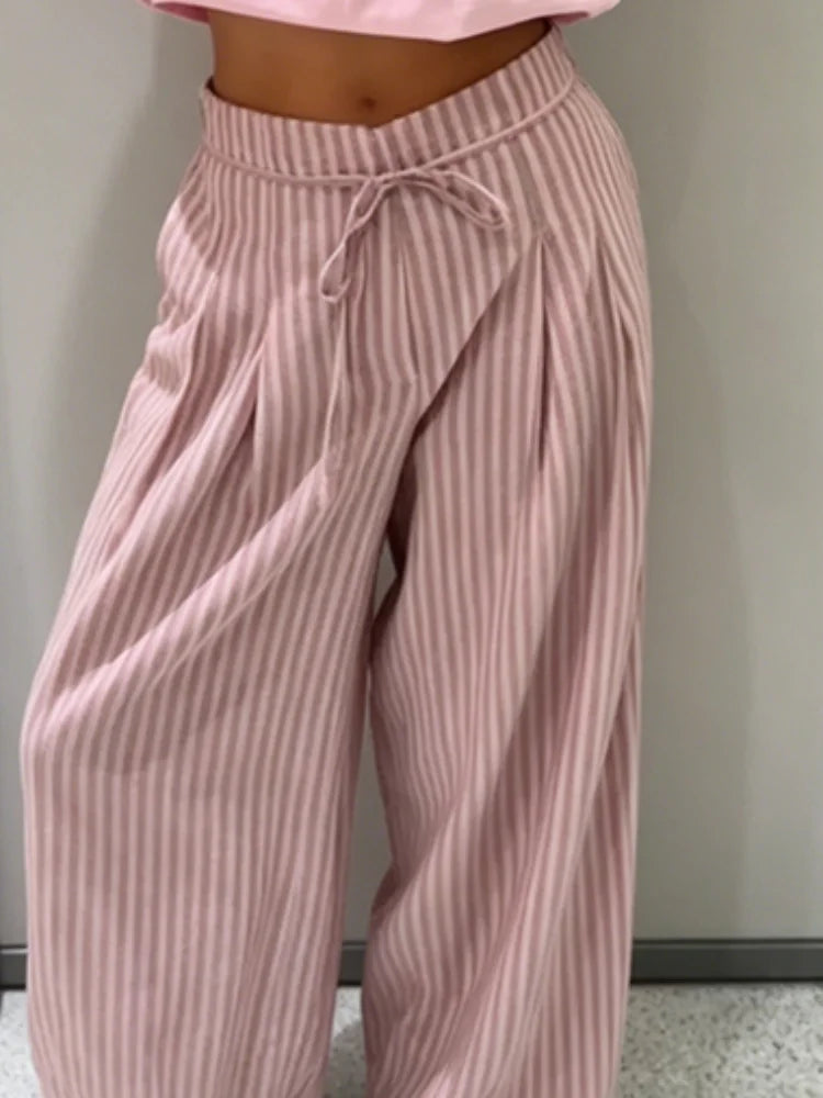 AIERTU  -  Striped Drawstring Wide Leg Pants Women High Waist Side Pocket Vertical Stripe Bottom Lady's Casual Outdoor Streetwear Trousers Aiertu