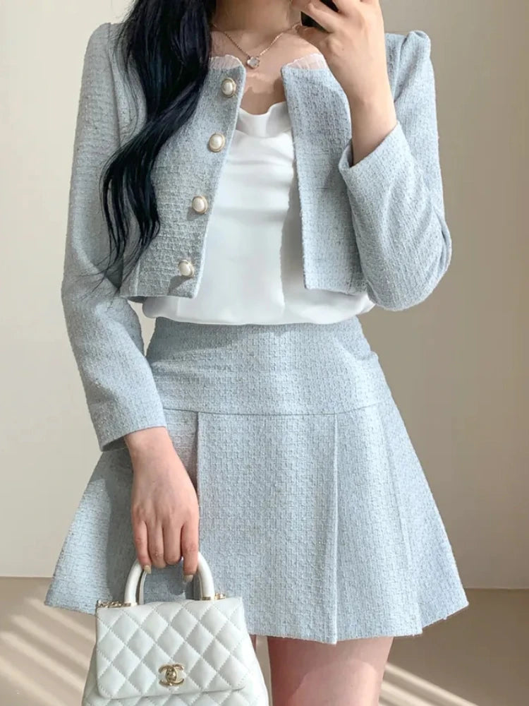 Aiertu Fashion Korea Elegant Tweed Small Fragrance Short Jacket Cropped Coats + High Waist Mini Skirts Suits Slim Women Two Piece Sets Aiertu