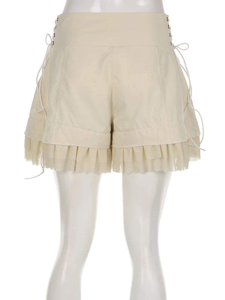 Aiertu  Vintage Sweet Bandage Ruffles Shorts Slim Solid High-Waisted Patchwork Shorts Women Summer Fashion Streetwear Lady Aiertu