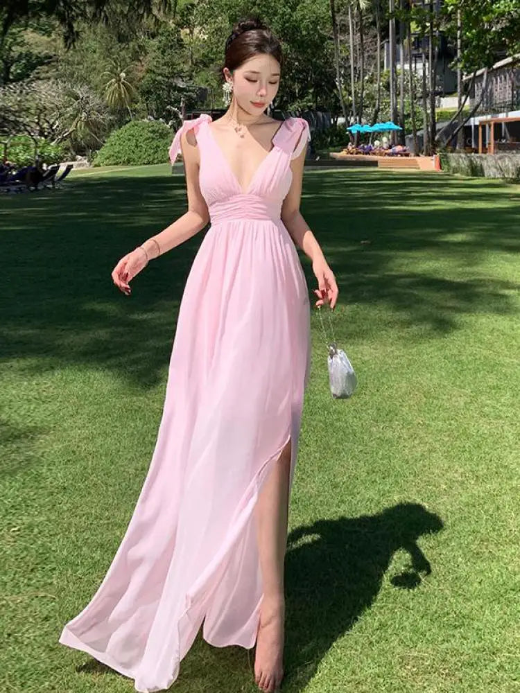 Aiertu Pink High Waist Women Temperament Backless Pleated Vest Dress Summer 2024 New Ladies V-neck Sleeveless Elegant Long Dresses Robe Aiertu
