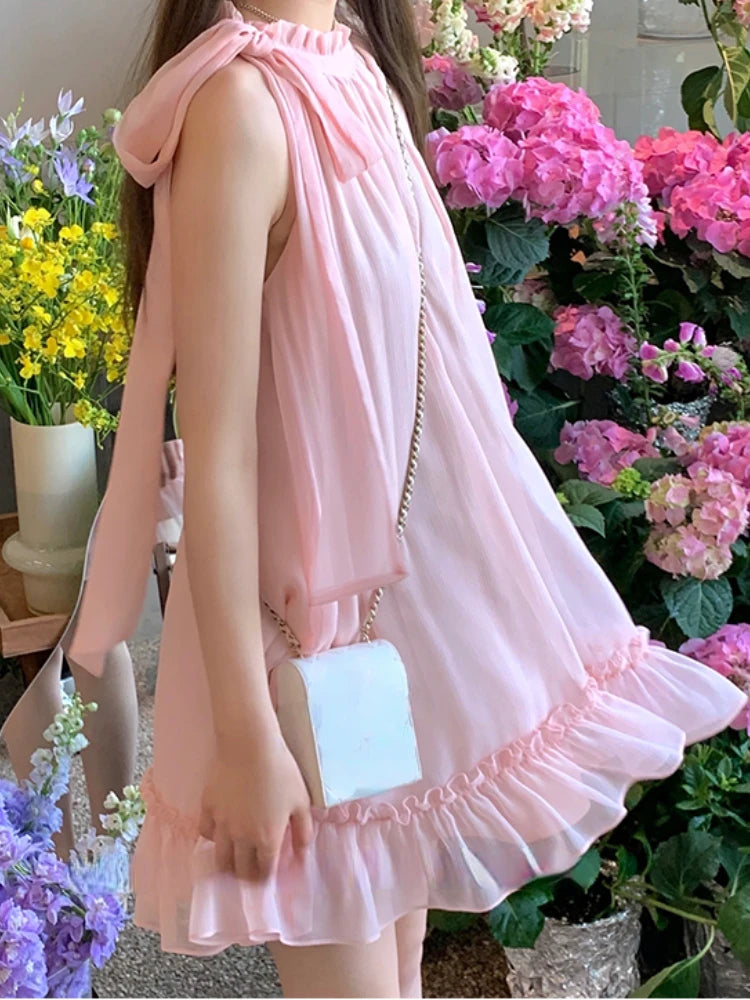 Aiertu Sweet Pink Y2k Mini Dress Party Women Casual Sleeveless Elegant Dress Korean Style Fashion Pure Color Dress Female Summer Aiertu
