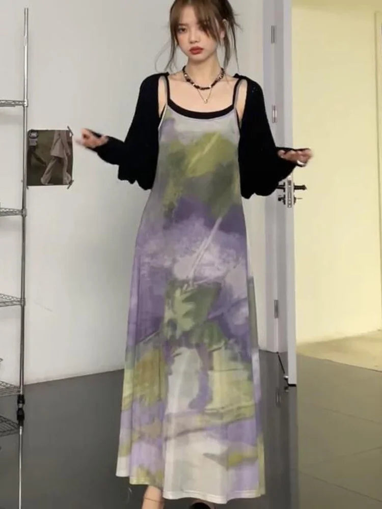 Aiertu Vintage Tie Dye Print Mesh Dress Women Sexy Y2k Spaghetti Strap Maxi Dresses Korean Fashion 2 Piece Set Robe Vestidos Aiertu