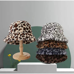 AIERTU  -  Leopard Print Faux Fur Bucket Hat Women Winter Warm Plush Fluffy Fisherman Cap Fashion Trendy Vintage Soft Cozy Wide Brim Hat Aiertu