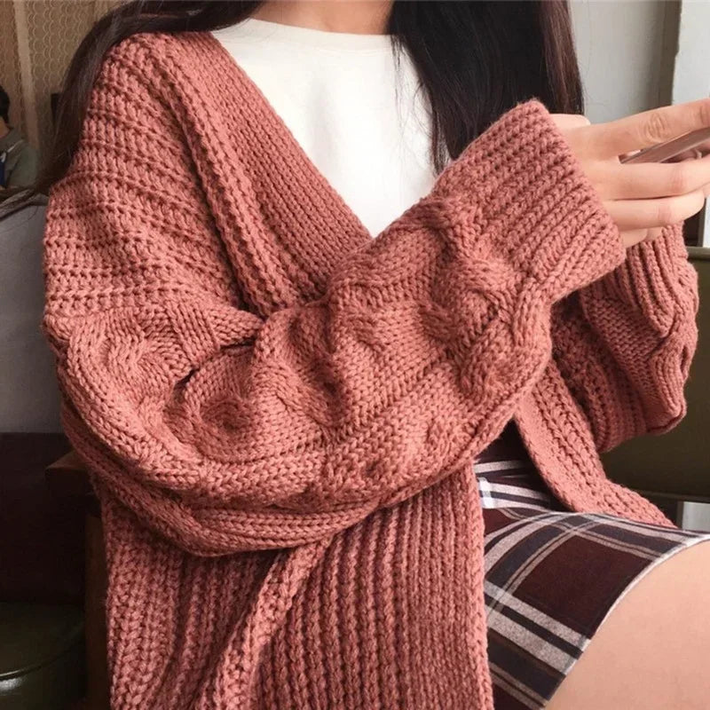 Oversized Knit Sweater Brown  Autumn Winter New Women Korean Fashion Sweet Long Sleeve Twisted Knitted Coat Sweater Cardigan Aiertu