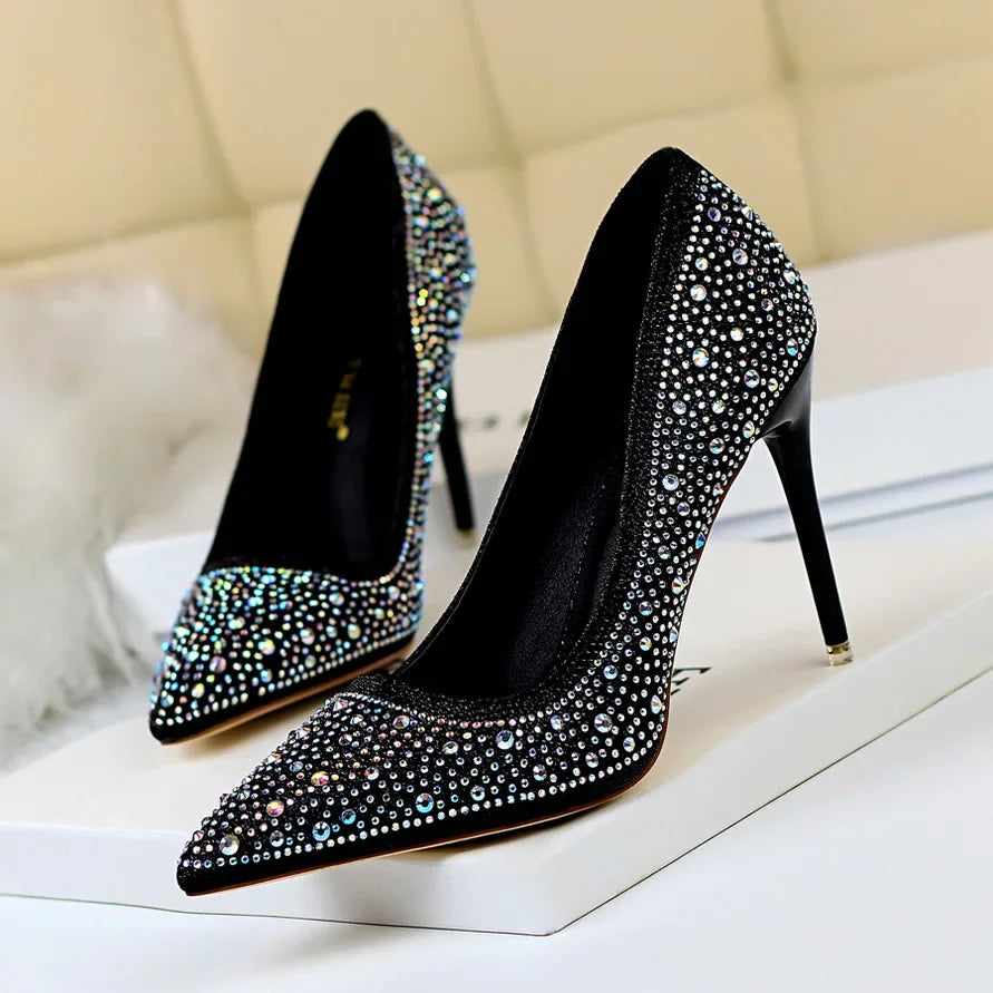 Women 10cm High Heels Stripper Bling Crystal Escarpins Pumps Lady Stiletto Wedding Bridal Fetish Rhinestone Gold Pink Prom Shoes Aiertu