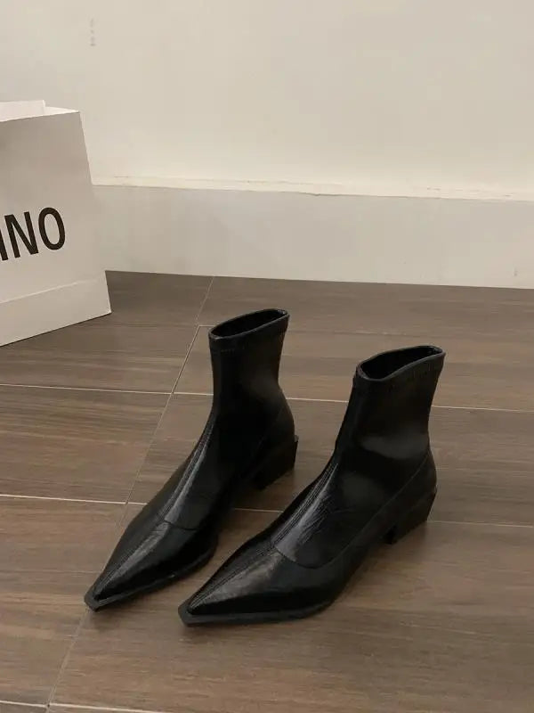Boots Women New Shoes Luxury Designer silver  Ankle Fashion Pointy Med Ladies Rubber Autumn Rome Hoof Heels Flock Solid Sli Aiertu