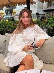 Aiertu Elegant Solid Ruffles Spliced Mini Dress For Women O Neck Long Lantern Sleeve Pleated Vestidos Summer Lady Party Street Dresses Aiertu