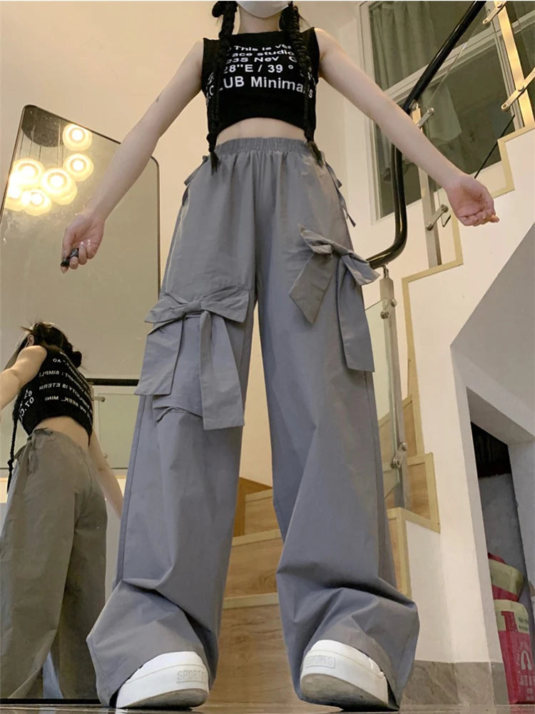 Aiertu New Design Gyaru Jeans Woman Vintage High Waist Wide Leg Pants Bow Elastic Waist Baggy Trousers Casual Tide Streetwear Simple Aiertu