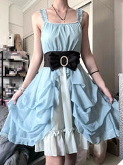 AIERTU  -  Vintage Sweet French Rhinestone Spaghetti Strap Mini Dress Women Slim Fit Ruched Bow Belt Ruffle Hem Elegant Party Clubwear Aiertu