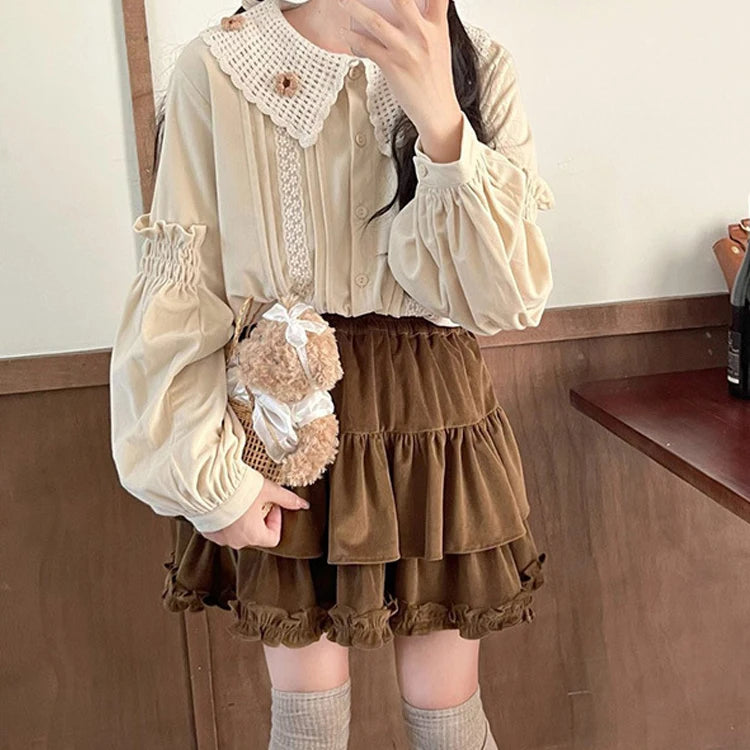 Aiertu 90s Winter Ruffle Brown Kawaii Lolita Pleated Skirt Women Fairy Y2k Mini Skirt Female Korean Fashion Cute Mini Cake Casual Skirt Aiertu