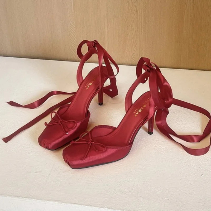 AIERTU  -  Satin Ankle Strap Ballet Style High Heels Women Square Toe Pumps Stiletto Heels Party Shoes Mules Elegant Designer Women Sandals Aiertu