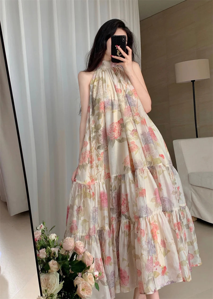 Aiertu Women Elegant Floral Print Maxi Dresses Summer New Fashion Sleeveless Loose Ruffle Y2k Dress Beach Birthday Party Robe Aiertu