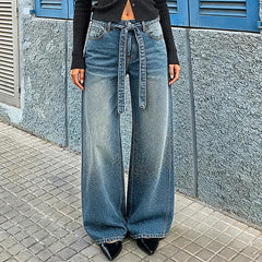 AIERTU  -  Y2K Rhinestone Jeans High-Waisted Ombre Gradient Wide Leg Denim Pants with Sashes All-Over Sparkle Detail Trouser 90s Streetwear Aiertu