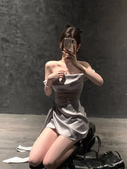 Aiertu 2000s Vintage Y2k Stain Mini Dress Women Casual Sleeveless Strap Dress Beach Style Outwear Korean Chic Elegant Lace-up Clothing Aiertu