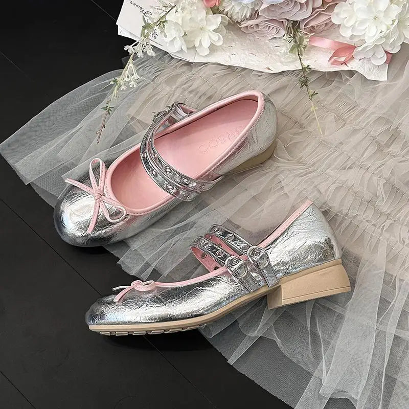 AIERTU  -  Pink Floral Pattern Low Heel Mary Jane Shoes Women Summer Comfort Silver Bowknot Ballet Flats Woman's Lolita Shoes Aiertu