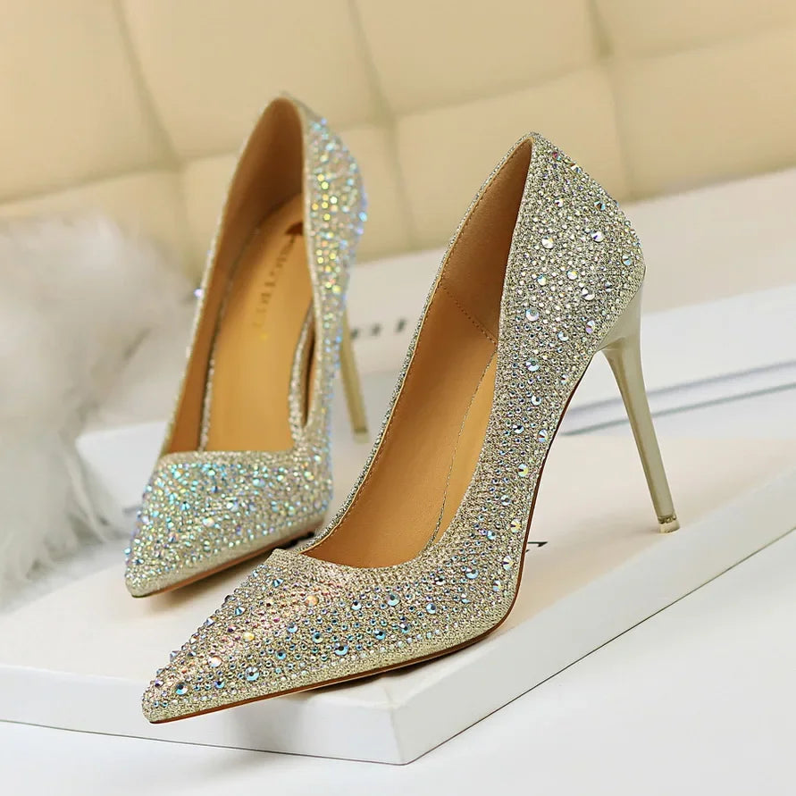 Women 10cm High Heels Stripper Bling Crystal Escarpins Pumps Lady Stiletto Wedding Bridal Fetish Rhinestone Gold Pink Prom Shoes Aiertu