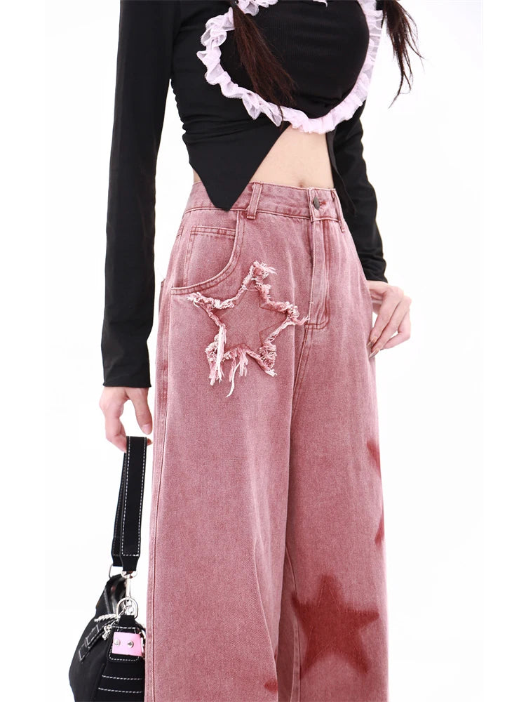 Aiertu Women's Vintage Red Wide Leg Star Jeans 90s Fashion Aesthetic Denim Trousers Harajuku 2000s High Waist Baggy Jeans Pants Clothes Aiertu