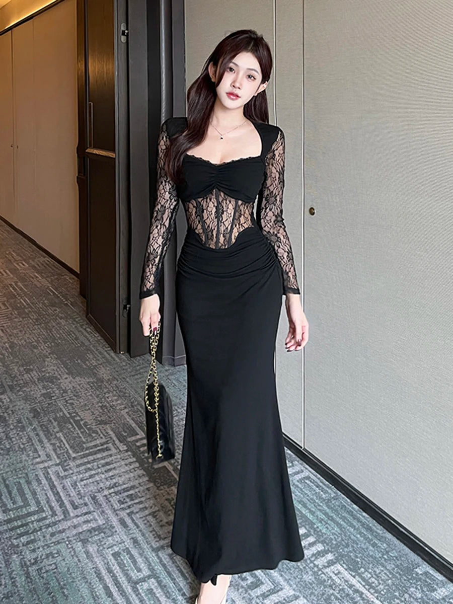 Aiertu Women's Elegant Long Dress 2024 Spring Fashion Temperament Sexy Splicing Design Lace Fishbone Splicing Dresses Aiertu