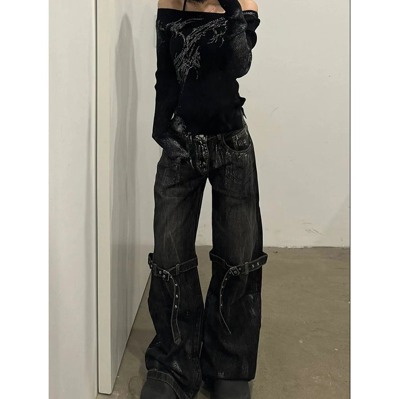 Aiertu Black Women's Jeans High Waist Hip Hop Straight Fashion Pants Streetwear Harajuku Y2K Star 2024 Female Wide Leg Denim Trouser Aiertu