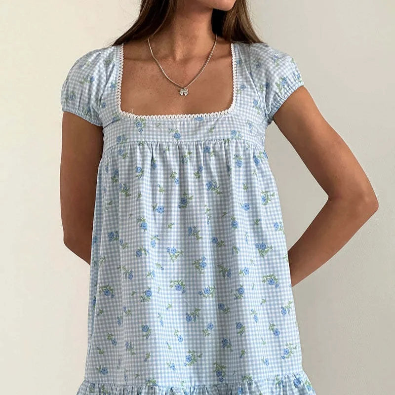 AIERTU  -  Summer Fashion Floral Print Puff Sleeves Square Collar Casual Dress for Women Aiertu