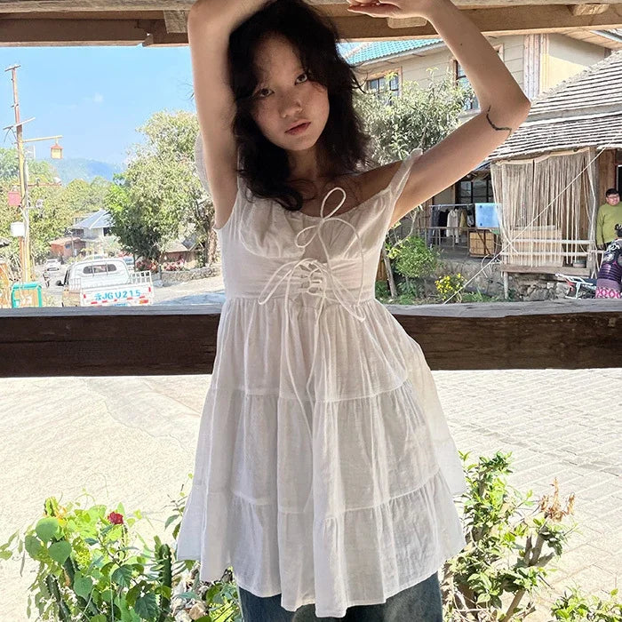 Aiertu Japanese Cute Bandage Ruffles Dress Women Y2k Aesthetic Sweet Fairy Dresses Summer Sleeveless Elegant Grunge Vestido De Mujer Aiertu