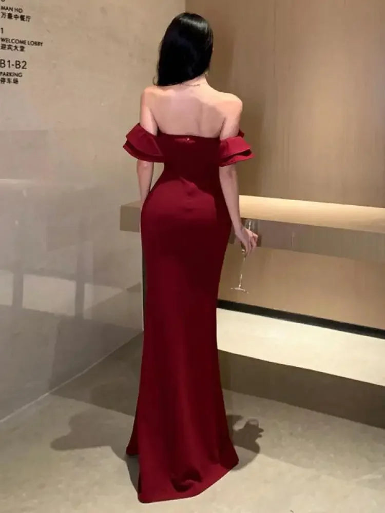 Aiertu Women's Sexy Backless High Split Ruffles Wrapped Hip Dress, Elegant Luxury Off Shoulder Party Evening Dresses, Red, Summer, 2024 Aiertu