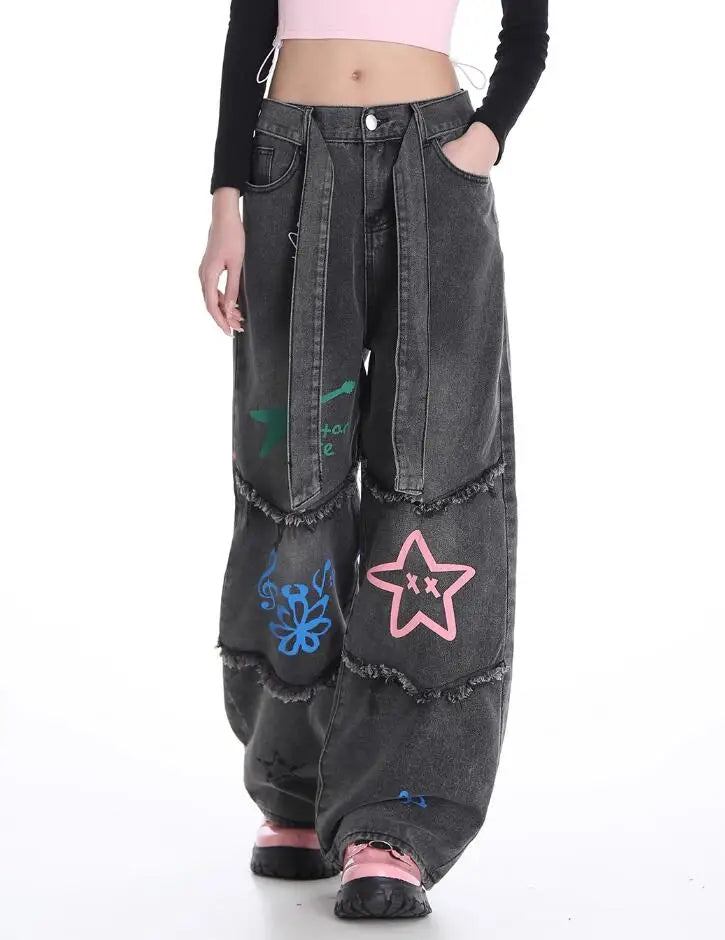Aiertu American Vintage High Waist Straight Jeans Grunge Streetwear Tassels Print Pants Women's Casual Baggy Y2K Wide Leg Denim Trouser Aiertu