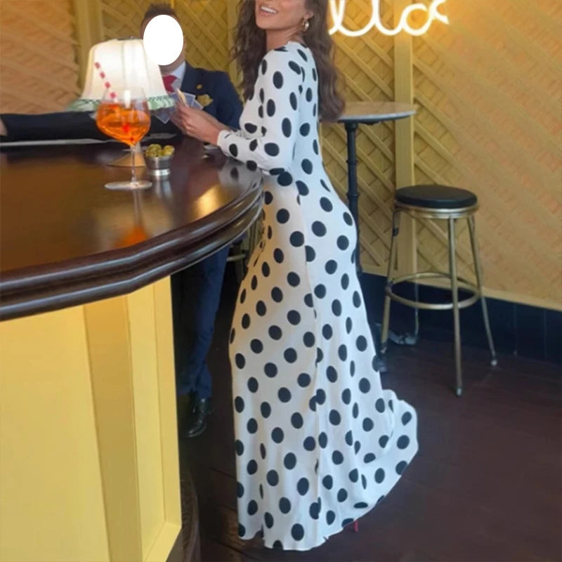AIERTU  -  Flare Sleeve Dot Printed Round Collar Ladies Maxi Dress Spring Fall Holiday Elegant Party Slim Club Mujer Gowns Aiertu