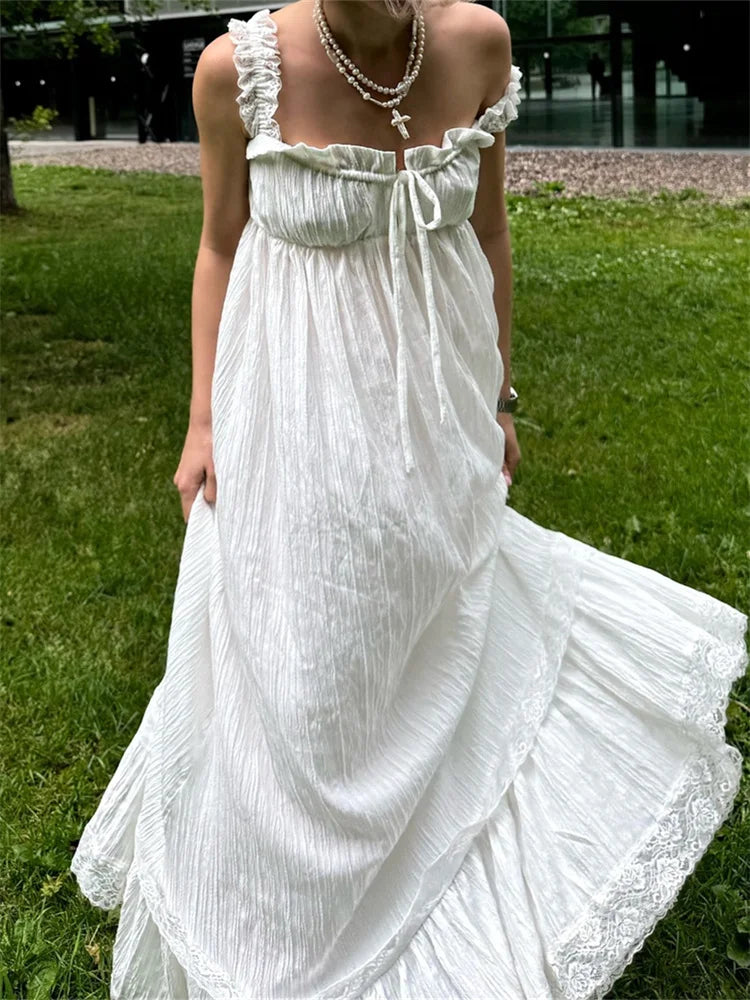 AIERTU  -  Women White Long Dress Lace Trim Tie-up V Neck Sleeveless Ruffle Loose Tank Dress for Evening Party Club Bohemian Summer Aiertu