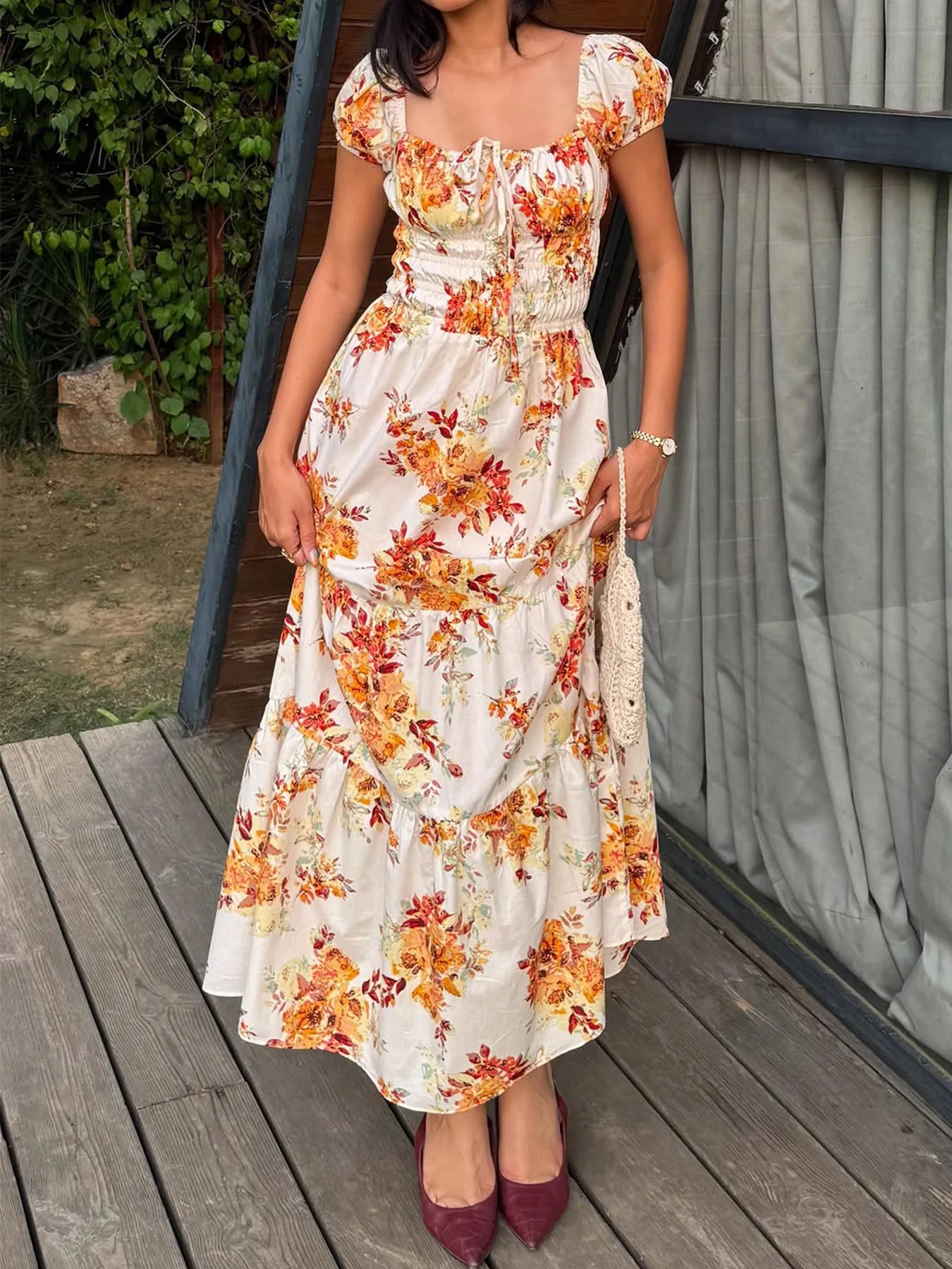 AIERTU  -  Floral Print Long Dress Women Y2K Square Neck Waist Cinching Spring European American Gentle Pastoral Style Maxi Dress Aiertu