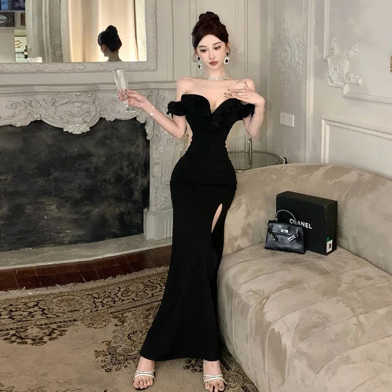 Aiertu Ruffled One Shoulder Strapless Evening Dress Women 2024 Spring Summer Elegant High Waist Slim Wrapped Slit Long Dresses Aiertu
