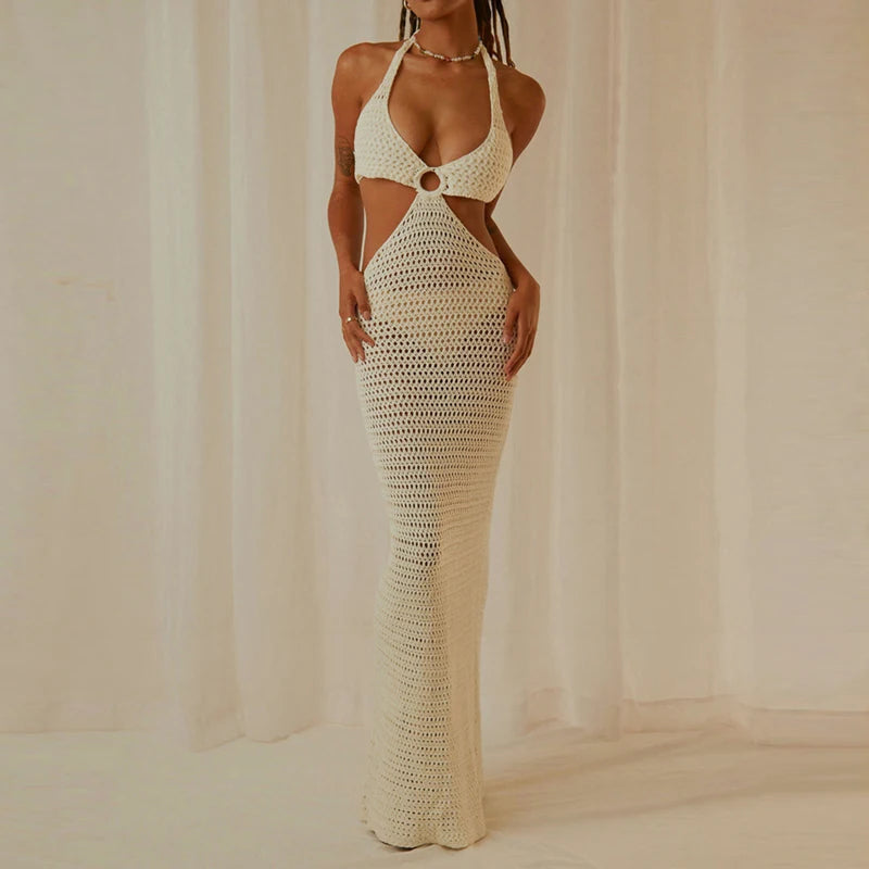 AIERTU  -  Boho Knitted Hollow Out Long Dress Sexy V Neck Backless Tie-up Halter Dress Chic Women Summer Beach Holiday Club Party Clothing Aiertu