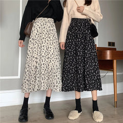 Aiertu Vintage Floral Print A-line Pleated Long Skirts Summer Women Korean Skirt Streetwear Drawstring Elastic Waist Midi Skirt Aiertu