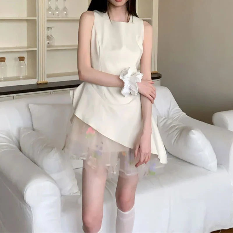 AIERTU  -  Women Dress Mesh Splicing Irregular Edge Design Sleeveless Vest Style Round Neck Solid Color Simple Slim Temperament Short Dress Aiertu