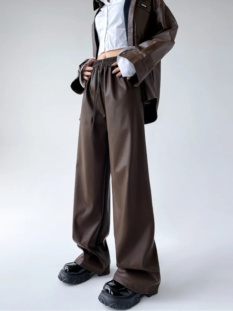 Aiertu Black Wide PU Leather Pants Women Autumn Vintage Elastic High Waist Y2K Harajuku Baggy Straight Trousers Aiertu