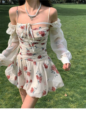 Aiertu Sweet Floral Sexy Strap Dress Women Folds Designer Casual  Mini Fairy Dress Female 2024 Summer Puff Sleeve Korean Princess Dress Aiertu