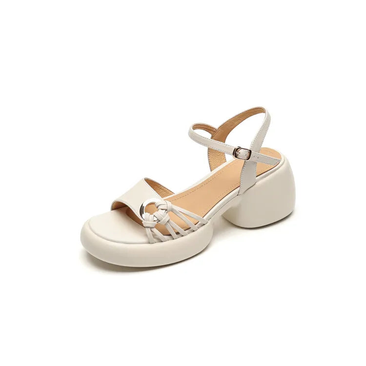 Aiertu Summer Woman Sandals Split Leather Shoes for Women Round Toe High Heel Shoes Open Toe Chunky Heel Sandals Casual Platform Shoes Aiertu