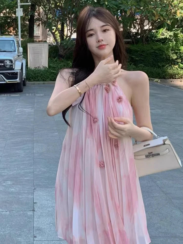 Aiertu Pink Chiffon Sexy Strap Dress Women Korean Sleeveless Sweet Fairy Dress Women 2024 Summer Beach Casual Beach Evening Party Dress Aiertu