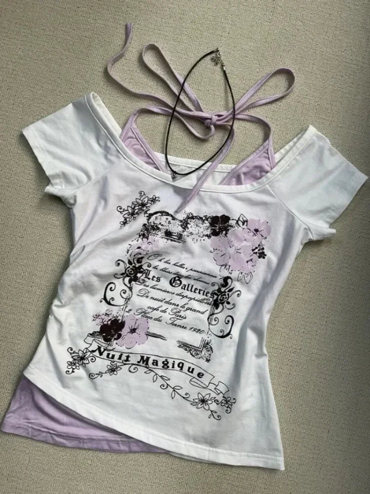 Aiertu Summer Fake Two Pieces Halter Bandage Vintage T-shirts Y2k Aesthetic Slim Crop Tops Women Grunge Print Harajuku Casual Sexy Tee Aiertu