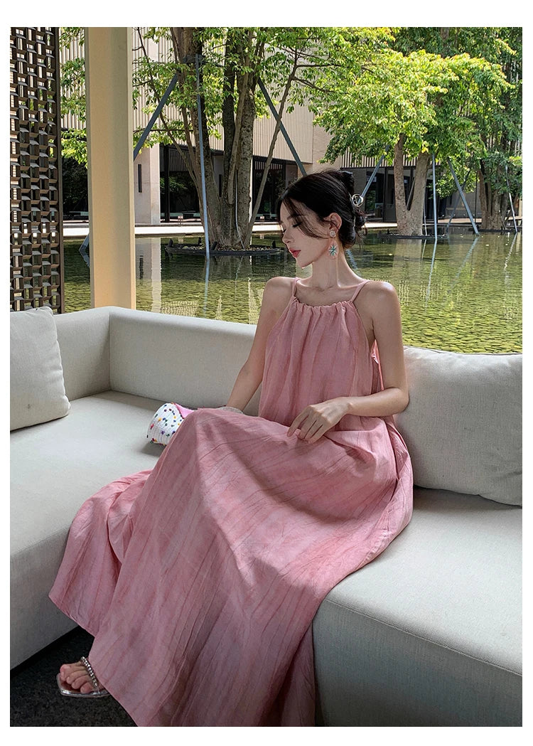 Aiertu Pink Halter Sexy Club Loose Pleated Bandage Large Swing Long Dress Elegant Holiday Party Dress For Women Summer Simplicity Aiertu