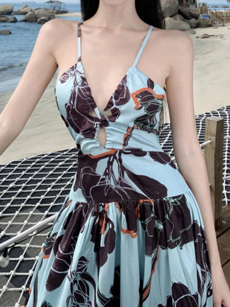 Aiertu Spaghetti Strap Elegant Women Summer Dress Sleeveless Casual A-Line Print Midi Beach Holiday Dresses Female Vestidos Long Robe Aiertu