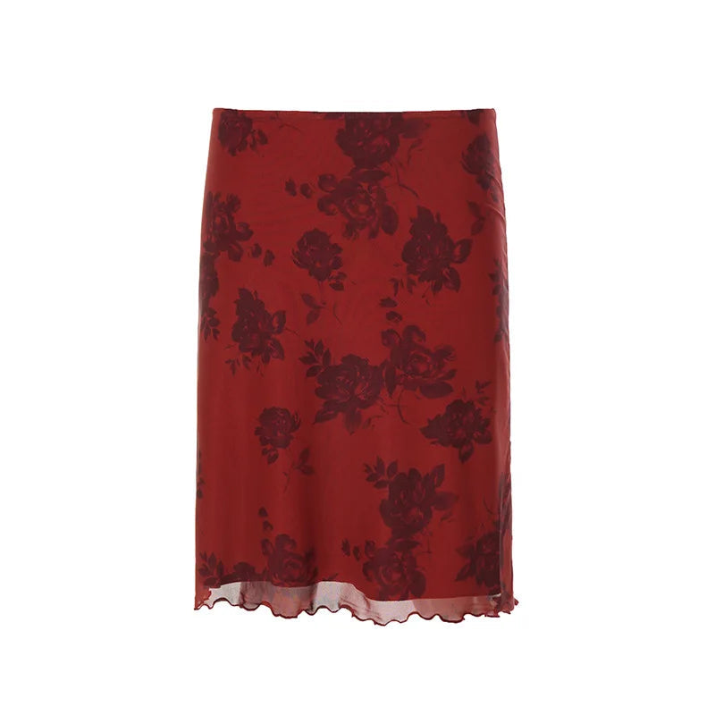 AIERTU  -  Retro Floral Digital Print Low Waist Lightweight Double Layer Mesh Skirt Temperament Hip Hugging Women Daily Vacation Skirt Aiertu
