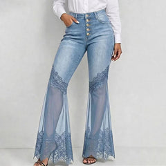 AIERTU  -  Blue Micro Flared Jeans Women High Waisted Multi Breasted Mesh Patchwork Denim Pants Vintage Slim Fit See Through Lace Trousers Aiertu