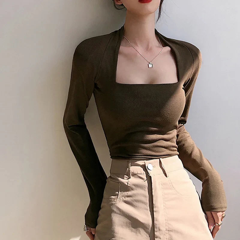 Aiertu Square Collar Warm Long Sleeve Tops Casual Women T Shirts Autumn Winter Skinny Sexy Solid Basic Crop Top Fashion Streetwear aiertu