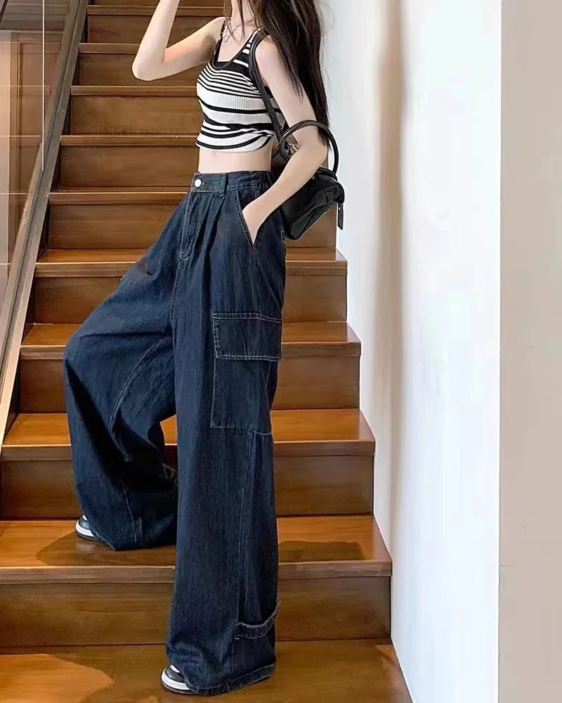 Aiertu Autumn Women Harajuku Cargo Baggy Blue Jeans Streetwear Hip Hop Oversize Casual Wide Leg Vintage Demin Pants Y2k Loose Trousers Aiertu