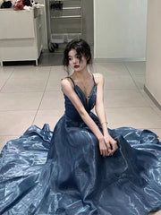 Aiertu Blue Elegant Sexy Slip Dress Women Sleeveless Korean V-neck Long Dresses Fashion Casual One Piece Dress Ladies Summer 2024 Chic Aiertu
