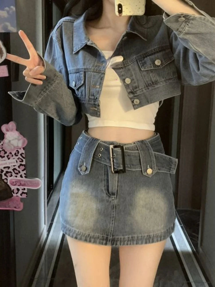 Aiertu Vintage Denim Suit Woman Slim Casual Short Cardigan + Sexy Bodycon Y2k Mini Skirt Elegant Korean Fashion Set 2024 Spring Chic Aiertu